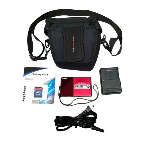 Nikon Coolpix S70 12.1 MP Red Digital Camera Bundle Case 8gb SD & Charger Works